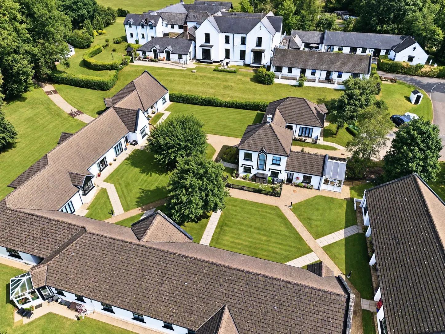 Aerial view of the Springfields home, landscaped gardens and surrounding buildings